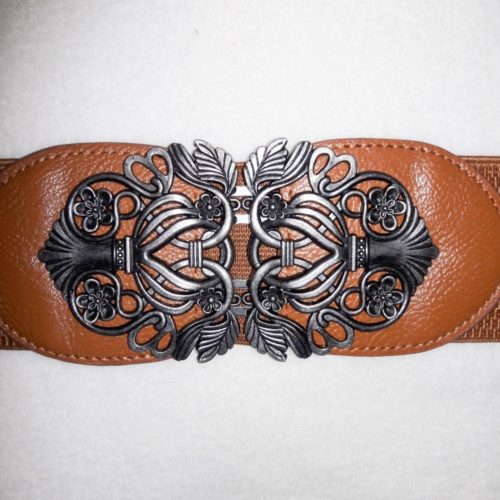 Antiqued Silver Coffee Brown Elastic Waist Belt - Picture 2 of 6